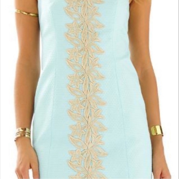 Lily Pulitzer Pearl Whisper Blue Gold Embroidered Shift Dress EUC Size 2 - Picture 2 of 12